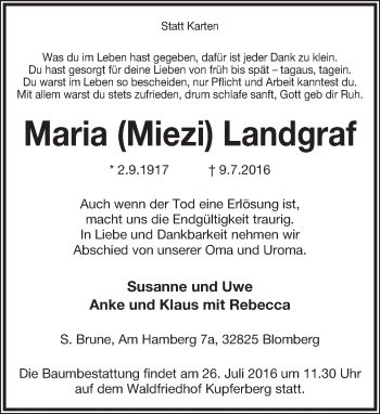 Anzeige  Maria Landgraf  Lippische Landes-Zeitung