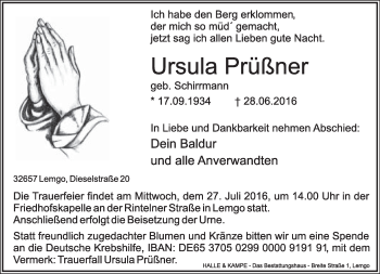 Anzeige  Ursula Prüßner  Lippische Landes-Zeitung