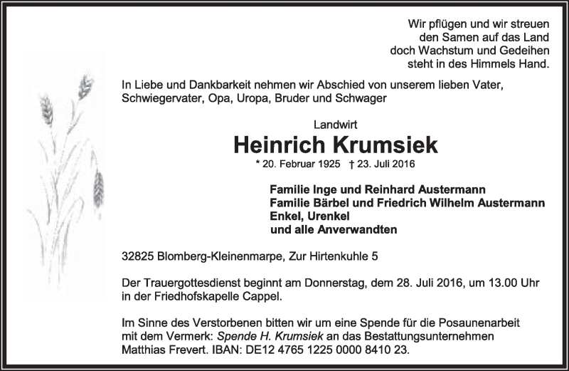  Traueranzeige für Heinrich Krumsiek vom 25.07.2016 aus Lippische Landes-Zeitung