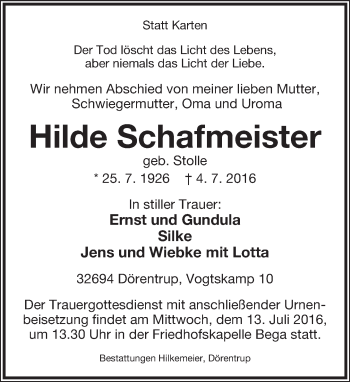 Anzeige  Hilde Schafmeister  Lippische Landes-Zeitung