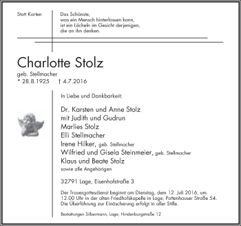 Anzeige  Charlotte Stolz  Lippische Landes-Zeitung