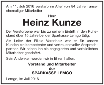 Anzeige  Heinz Kunze  Lippische Landes-Zeitung