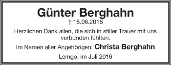Anzeige  Günter Berghahn  Lippische Landes-Zeitung
