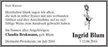 Anzeige  Ingrid Blum  Lippische Landes-Zeitung