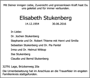 Anzeige  Elisabeth Stukenberg  Lippische Landes-Zeitung
