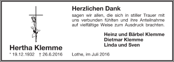 Anzeige  Hertha Klemme  Lippische Landes-Zeitung
