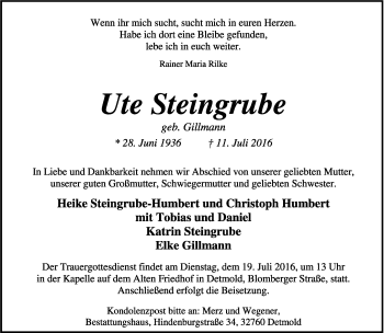 Anzeige  Ute Steingrube  Lippische Landes-Zeitung