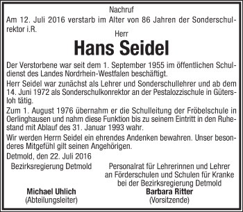 Anzeige  Hans Seidel  Lippische Landes-Zeitung
