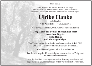 Anzeige  Ulrike Hanke  Lippische Landes-Zeitung