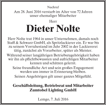 Anzeige  Dieter Nolte  Lippische Landes-Zeitung