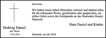 Anzeige  Hedwig Daniel  Lippische Landes-Zeitung
