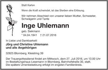 Anzeige  Inge Uhlemann  Lippische Landes-Zeitung