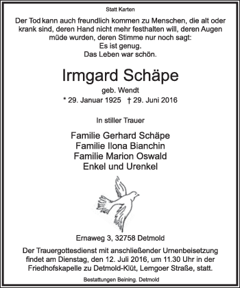 Anzeige  Irmgard Schäpe  Lippische Landes-Zeitung