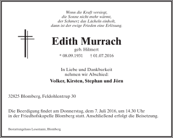 Anzeige  Edith Murrach  Lippische Landes-Zeitung