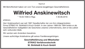 Anzeige  Wilfried Anskinewitsch  Lippische Landes-Zeitung