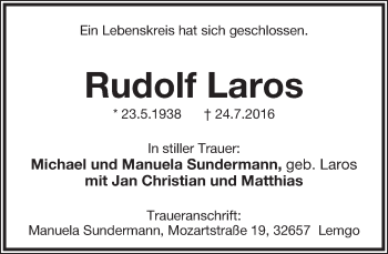 Anzeige  Rudolf Laros  Lippische Landes-Zeitung