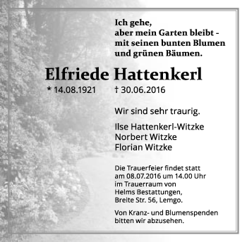 Anzeige  Elfriede Hattenkerl  Lippische Landes-Zeitung