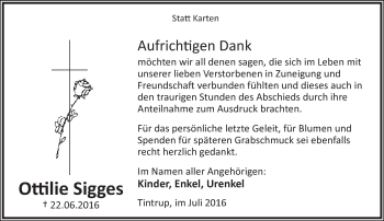 Anzeige  Ottilie Sigges  Lippische Landes-Zeitung