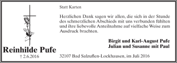 Anzeige  Reinhilde Pufe  Lippische Landes-Zeitung