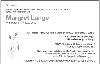 Anzeige  Margret Lange  Lippische Landes-Zeitung