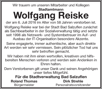 Anzeige  Wolfgang Reiske  Lippische Landes-Zeitung