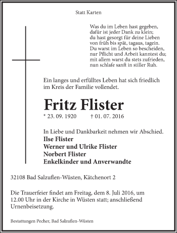 Anzeige  Fritz Flister  Lippische Landes-Zeitung