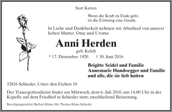 Anzeige  Anni Herden  Lippische Landes-Zeitung