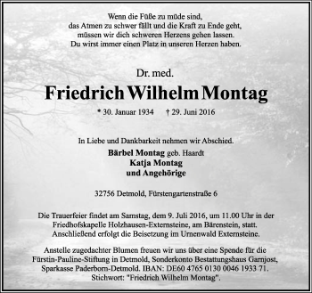 Anzeige  Friedrich Wilhelm Montag  Lippische Landes-Zeitung