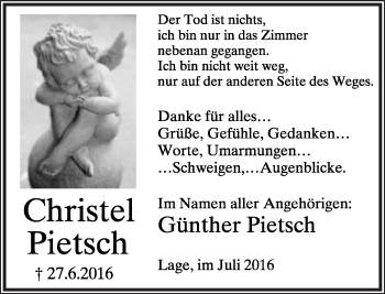 Anzeige  Christel Pietsch  Lippische Landes-Zeitung