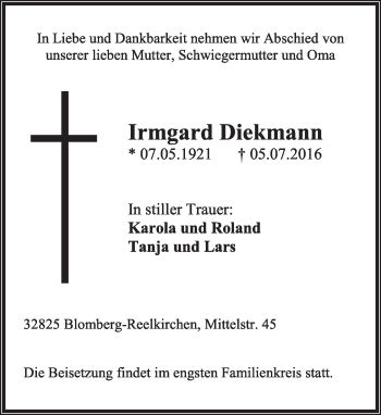 Anzeige  Irmgard Diekmann  Lippische Landes-Zeitung