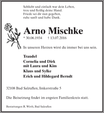 Anzeige  Arno Mischke  Lippische Landes-Zeitung
