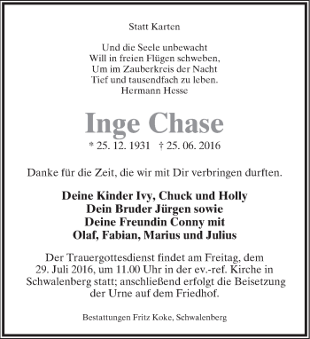 Anzeige  Inge Chase  Lippische Landes-Zeitung