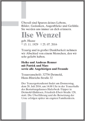 Anzeige  Ilse Wenzel  Lippische Landes-Zeitung