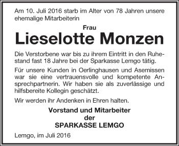 Anzeige  Lieselotte Monzen  Lippische Landes-Zeitung