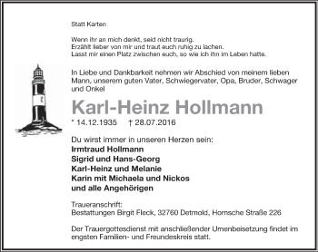 Anzeige  Karl-Heinz Hollmann  Lippische Landes-Zeitung