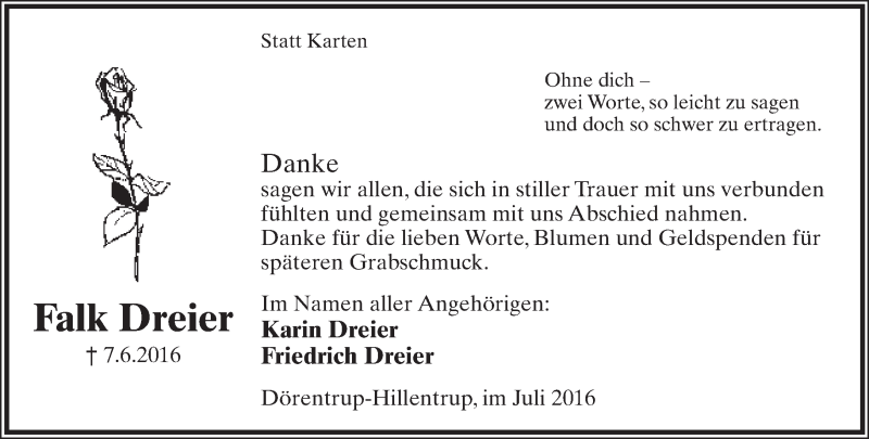  Traueranzeige für Falk Dreier vom 02.07.2016 aus Lippische Landes-Zeitung