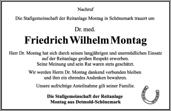 Anzeige  Friedrich Wilhelm Montag  Lippische Landes-Zeitung