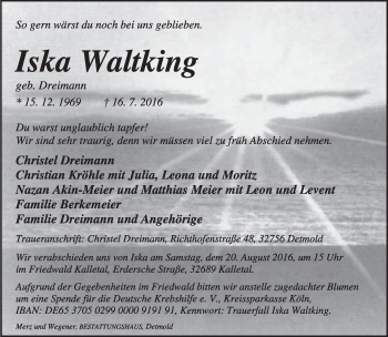 Anzeige  Iska Waltking  Lippische Landes-Zeitung