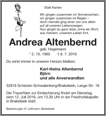 Anzeige  Andrea Altenbernd  Lippische Landes-Zeitung