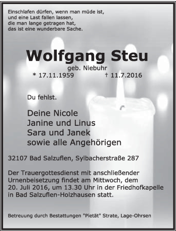 Anzeige  Wolfgang Steu  Lippische Landes-Zeitung