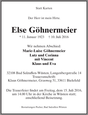 Anzeige  Else Göhnermeier  Lippische Landes-Zeitung