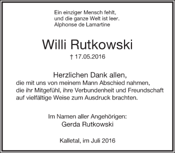 Anzeige  Willi Rutkowski  Lippische Landes-Zeitung