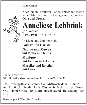 Anzeige  Anneliese Lehbrink  Lippische Landes-Zeitung