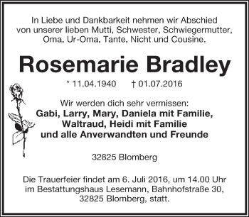 Anzeige  Rosemarie Bradley  Lippische Landes-Zeitung