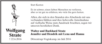 Anzeige  Wolfgang Strate  Lippische Landes-Zeitung