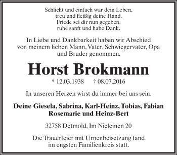 Anzeige  Horst Brokmann  Lippische Landes-Zeitung