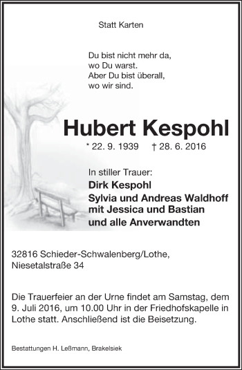 Anzeige  Hubert Kespohl  Lippische Landes-Zeitung