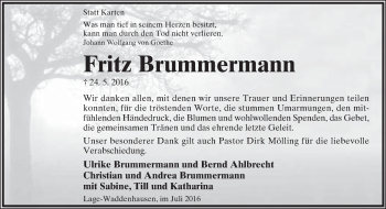 Anzeige  Fritz Brummermann  Lippische Landes-Zeitung