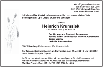 Anzeige  Heinrich Krumsiek  Lippische Landes-Zeitung