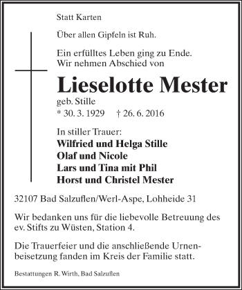 Anzeige  Lieselotte Mester  Lippische Landes-Zeitung